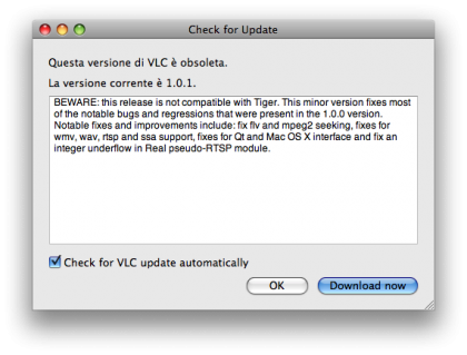 VLC aggiornamento 1.0.1